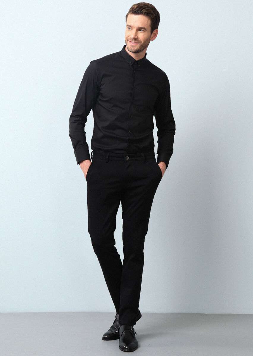 Siyah Düz Slim Fit Dokuma Klasik Pamuk Karışımlı Gömlek - 4