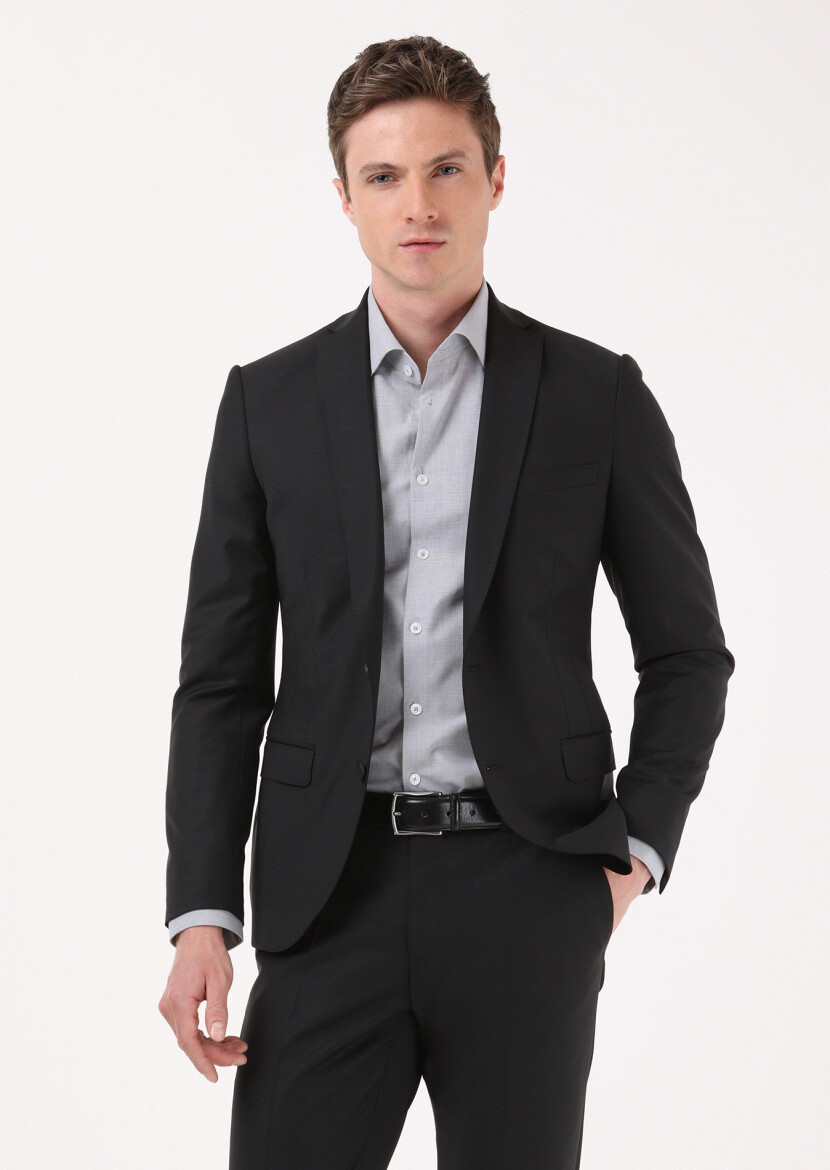 Siyah Düz Slim Fit Yün Karışımlı Takım Elbise - 3