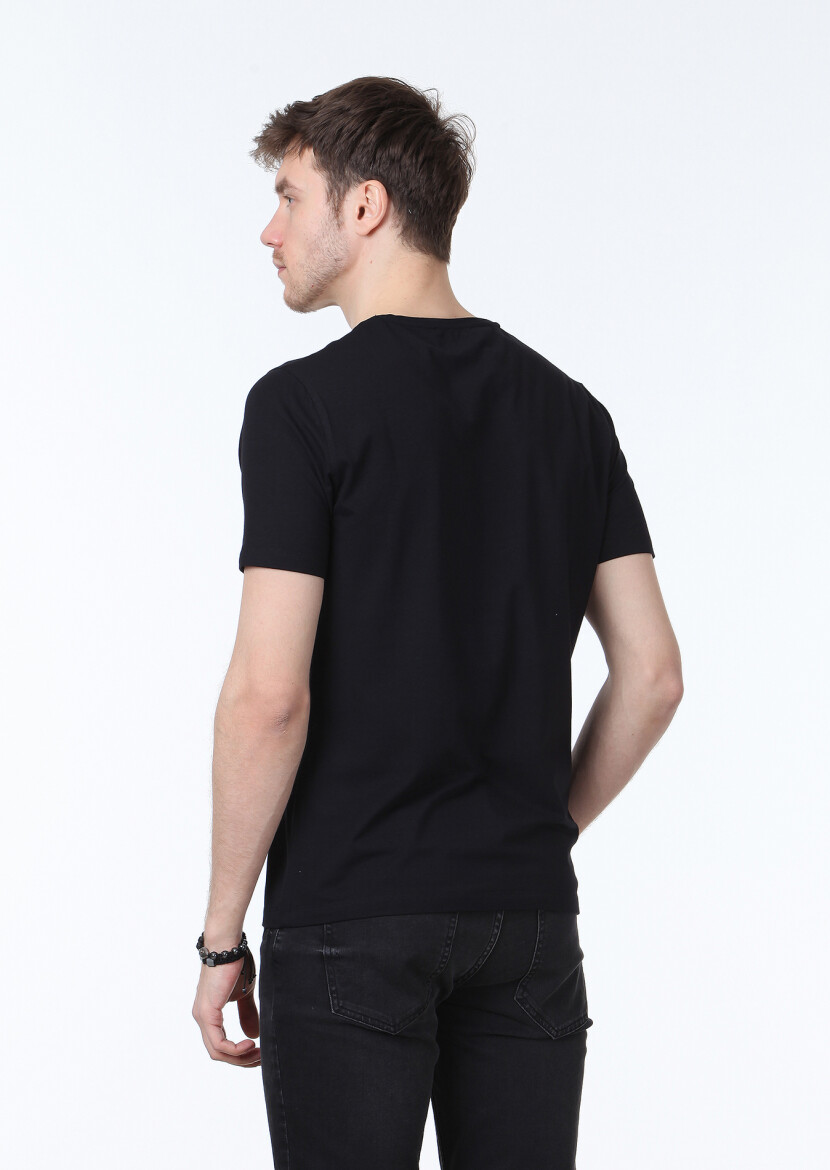 Siyah Düz V Yaka Pamuk Karışımlı T-Shirt - 4