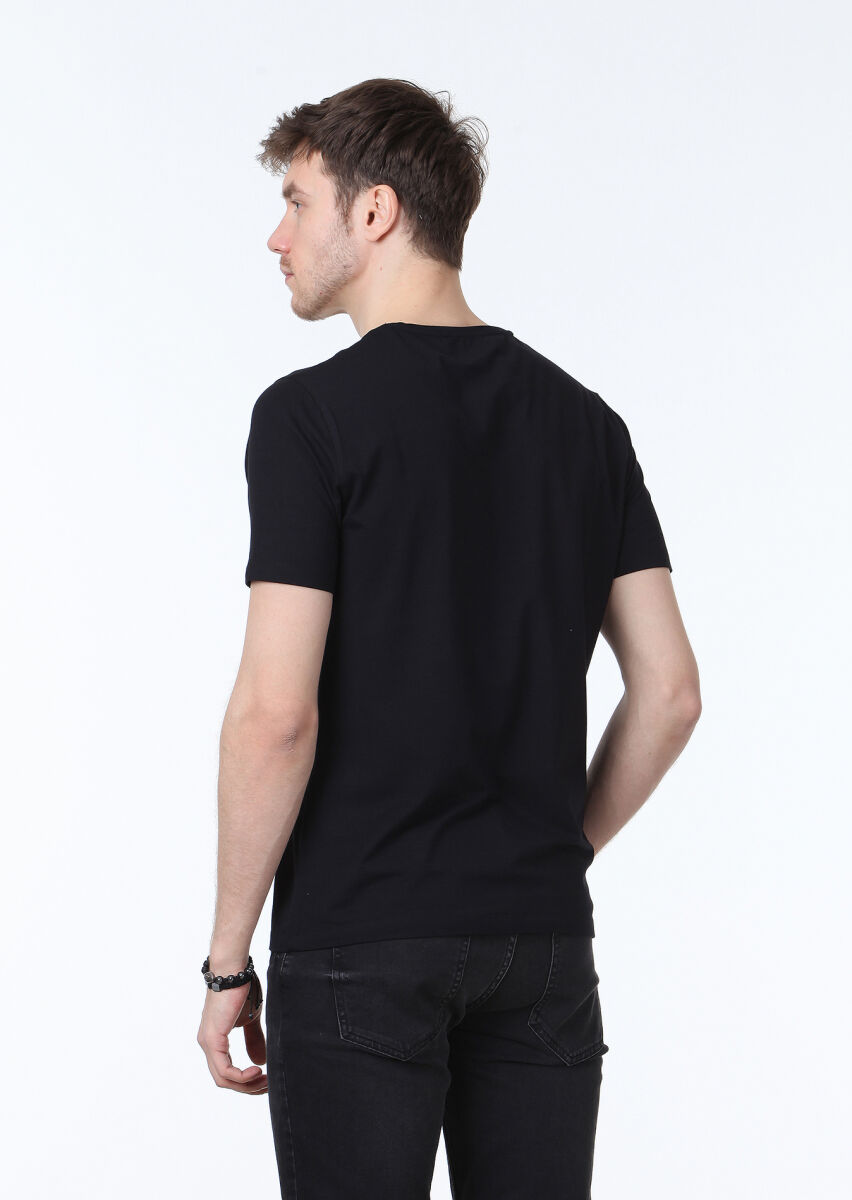 Siyah Düz V Yaka Pamuk Karışımlı T-Shirt - 4