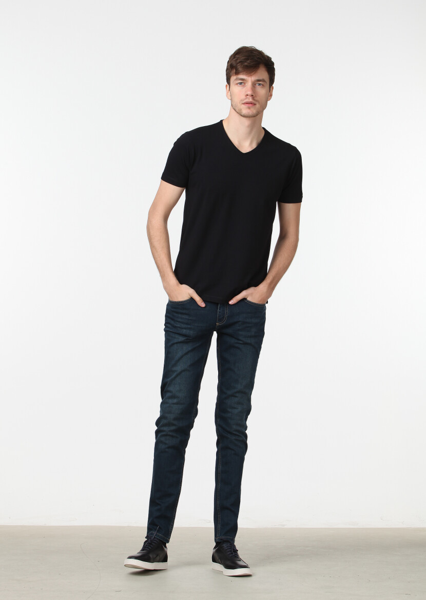Siyah Düz V Yaka Pamuk Karışımlı T-Shirt - 2