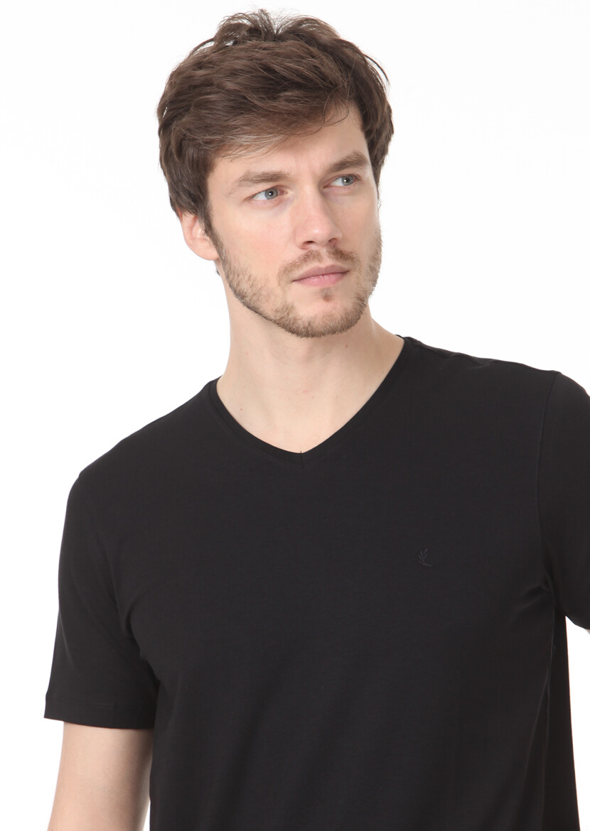 Siyah Düz V Yaka Pamuk Karışımlı T-Shirt 