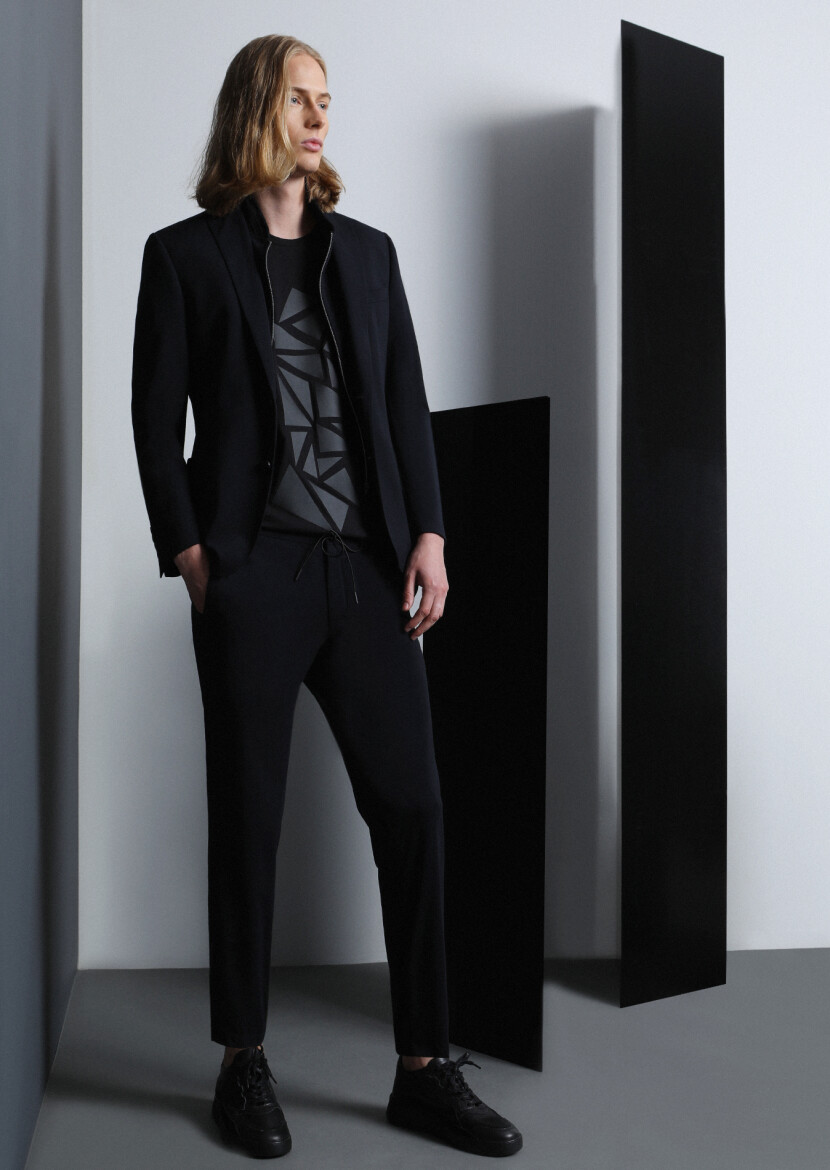 Siyah Düz Zeroweight Slim Fit Örme Takım Elbise - 1