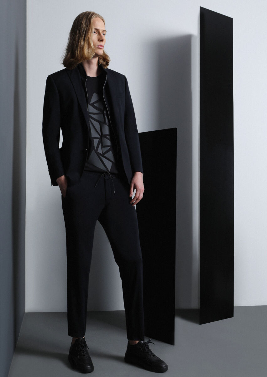 Siyah Düz Zeroweight Slim Fit Örme Takım Elbise - 1
