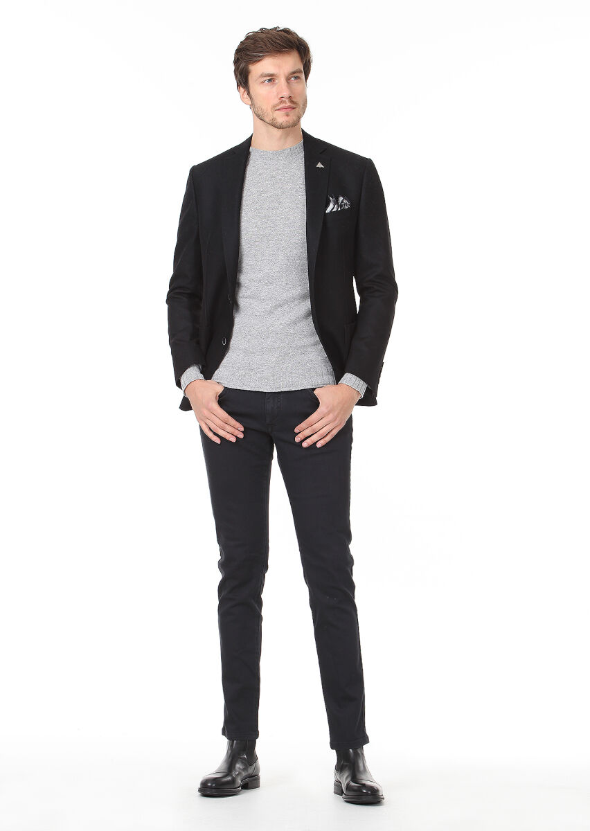 Siyah Düz Zeroweight Slim Fit Yün Karışımlı Ceket - 3