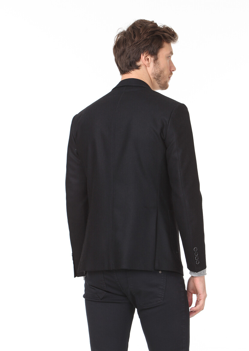 Siyah Düz Zeroweight Slim Fit Yün Karışımlı Ceket - 5