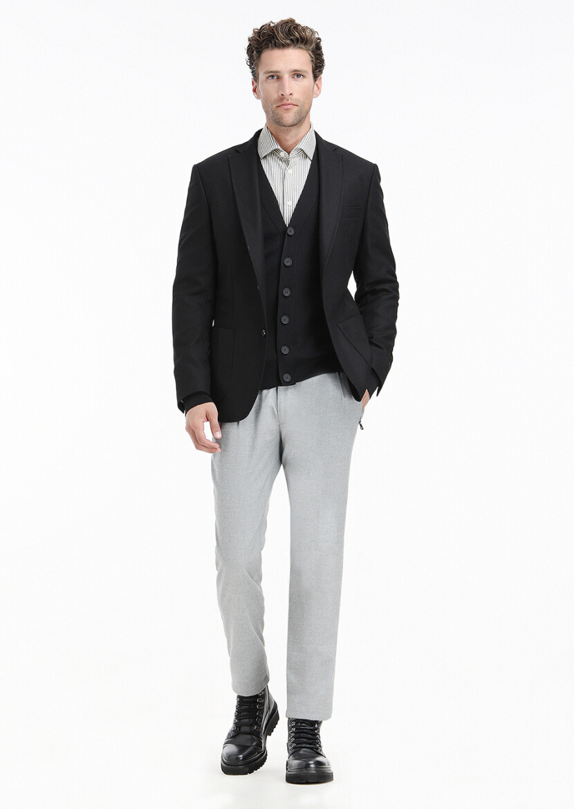 Siyah Düz Zeroweight Slim Fit Yün Karışımlı Ceket - 1