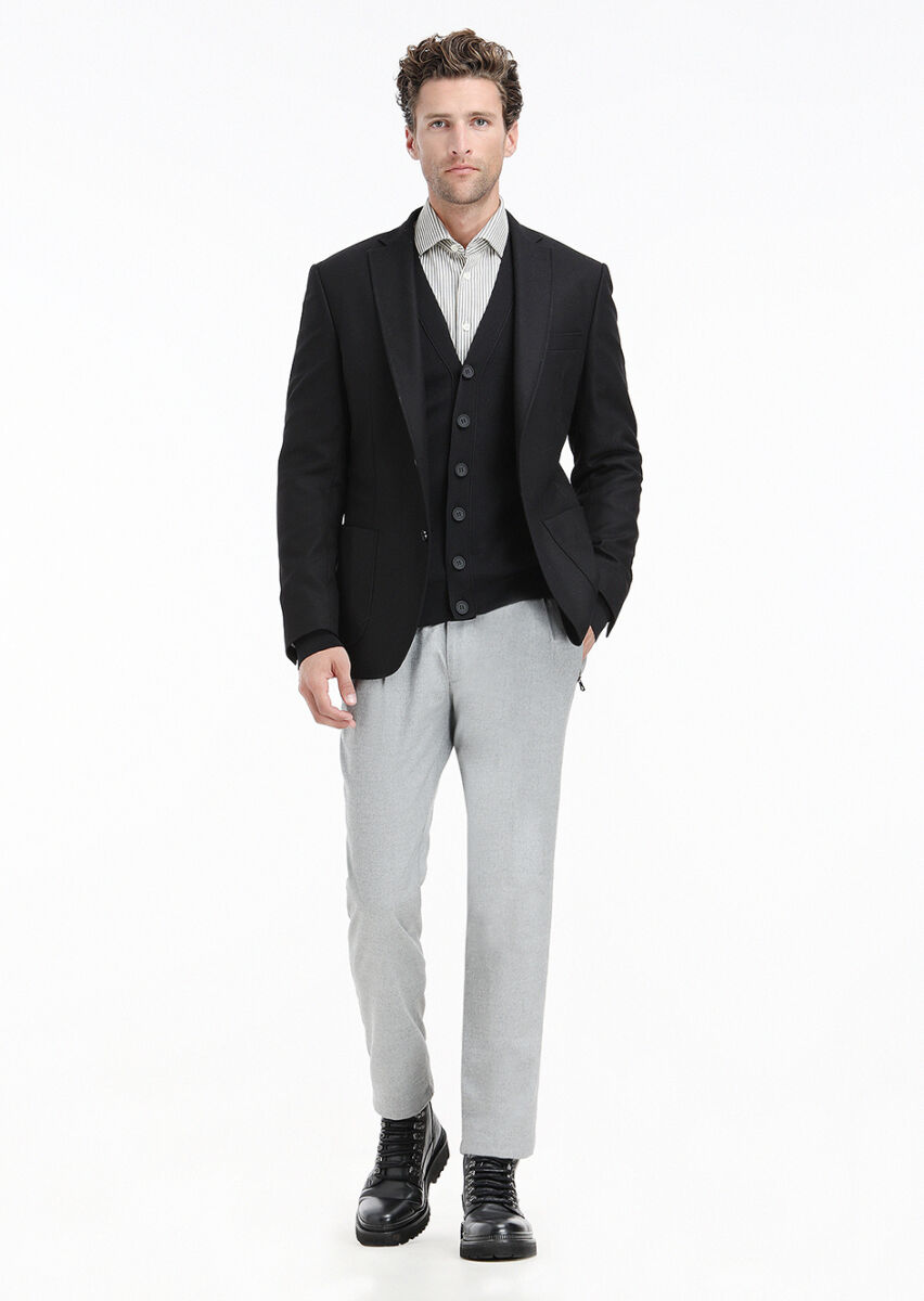 Siyah Düz Zeroweight Slim Fit Yün Karışımlı Ceket - 1