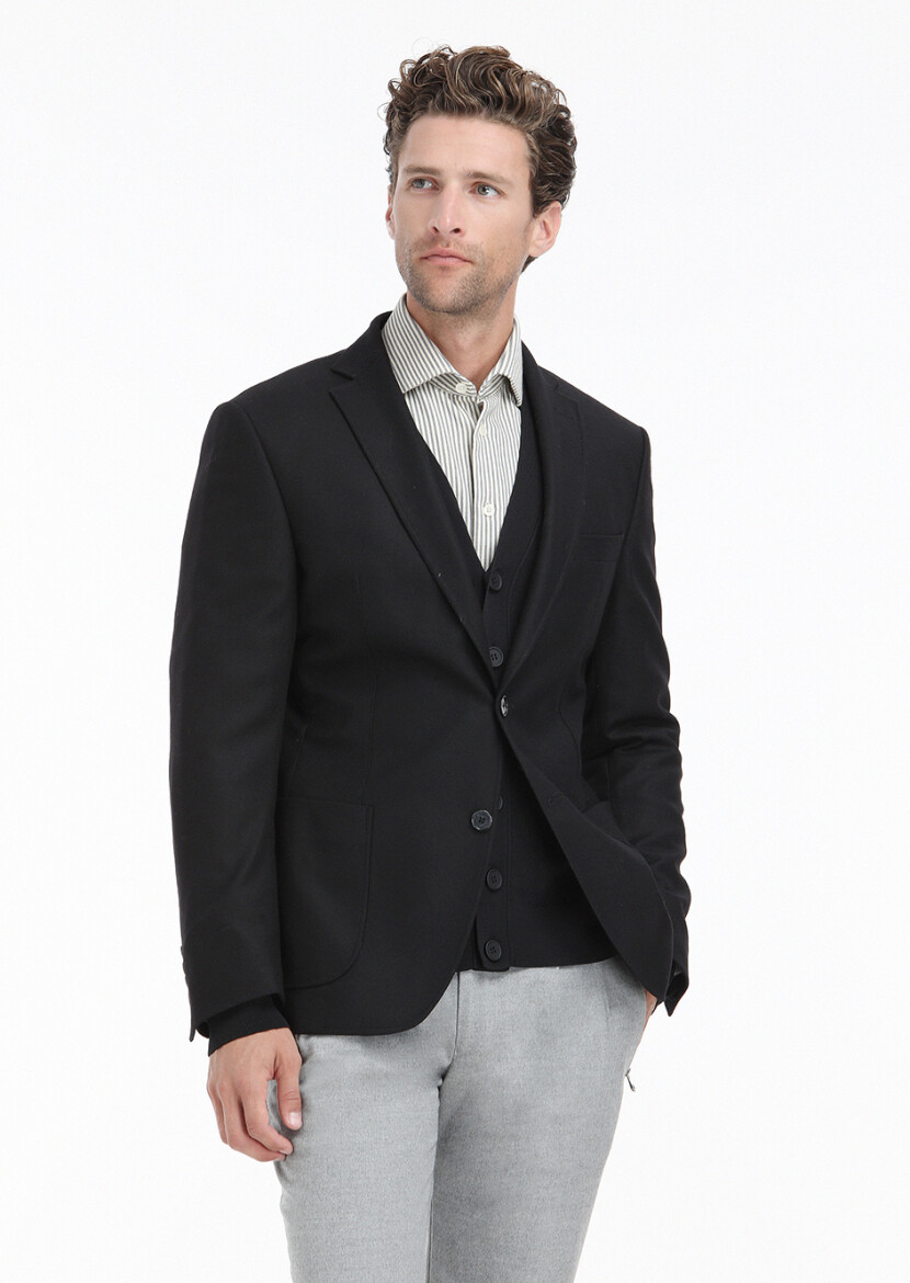 Siyah Düz Zeroweight Slim Fit Yün Karışımlı Ceket - 2