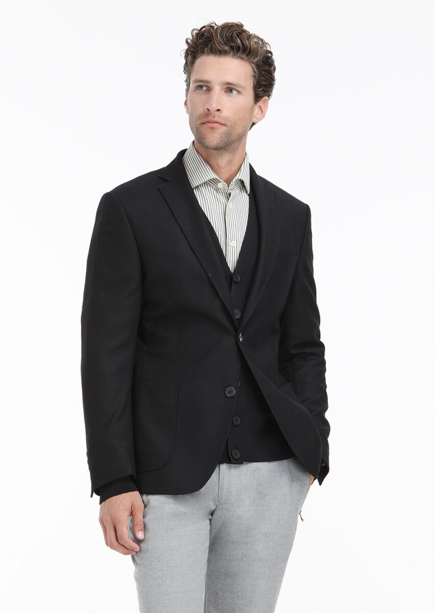 Siyah Düz Zeroweight Slim Fit Yün Karışımlı Ceket - 2
