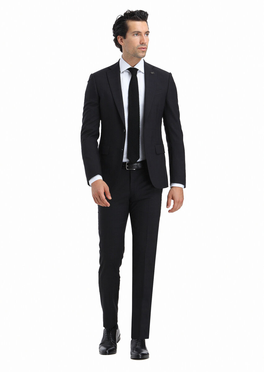 Siyah Kareli Modern Fit %100 Yün Takım Elbise - 1