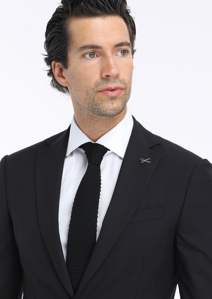 Siyah Kareli Modern Fit %100 Yün Takım Elbise - 3