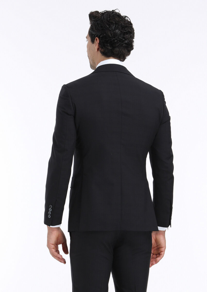 Siyah Kareli Modern Fit %100 Yün Takım Elbise - 6