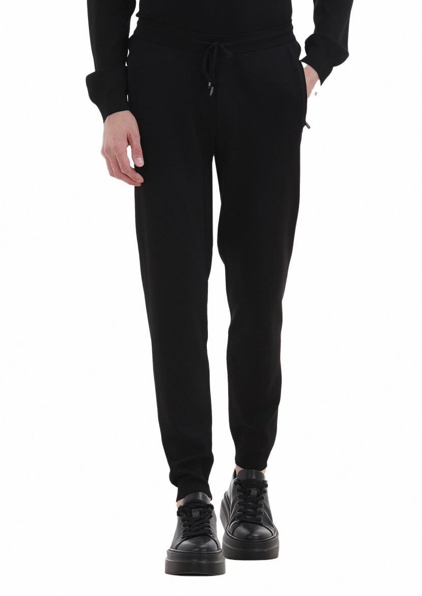Siyah Örme Regular Fit Casual Trıko Pantolon 