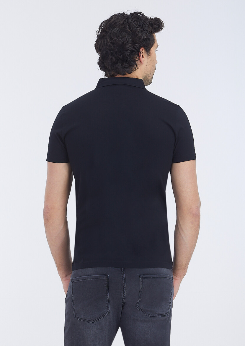 Siyah Polo Yaka %100 Pamuk T-Shirt - 4