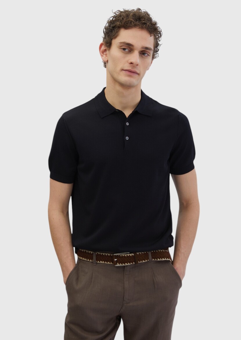 Siyah Polo Yaka Düz Örgü Triko - RAMSEY