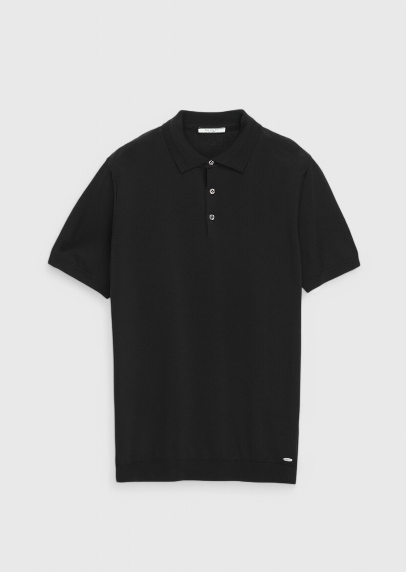 Siyah Polo Yaka Düz Örgü Triko - 7