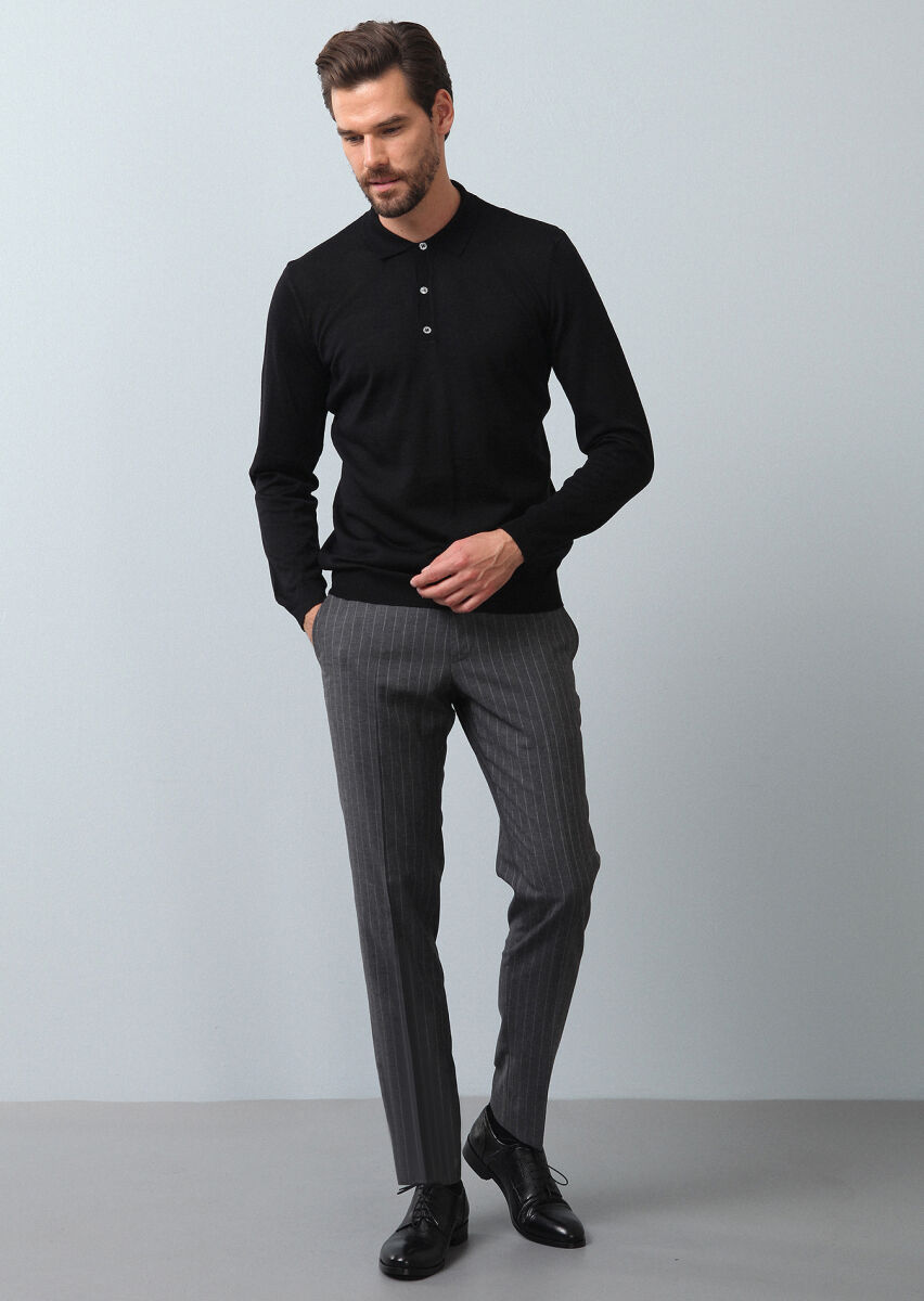 Siyah Polo Yaka Düz Örgü Yün Karışımlı Triko Kazak - 2