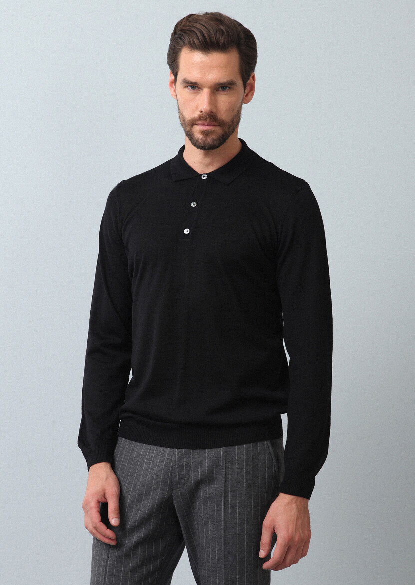 Siyah Polo Yaka Düz Örgü Yün Karışımlı Triko Kazak - 3