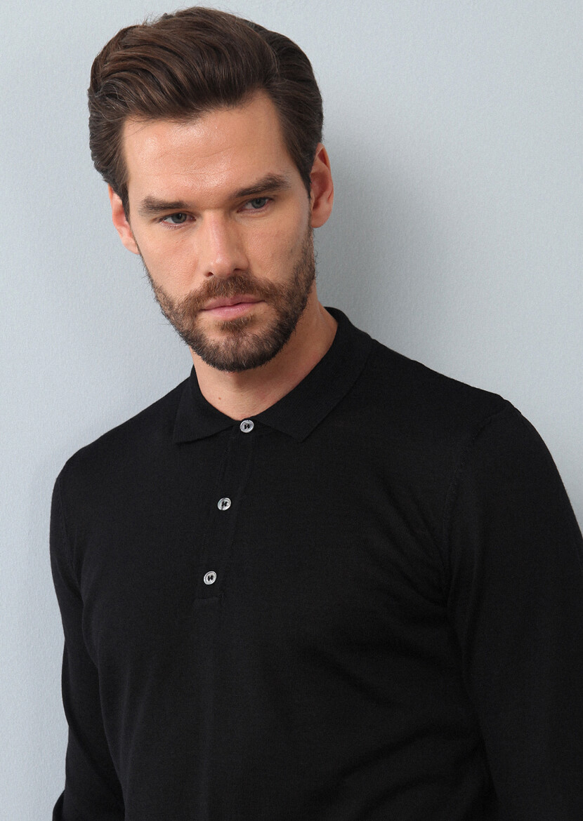 Siyah Polo Yaka Düz Örgü Yün Karışımlı Triko Kazak - 4