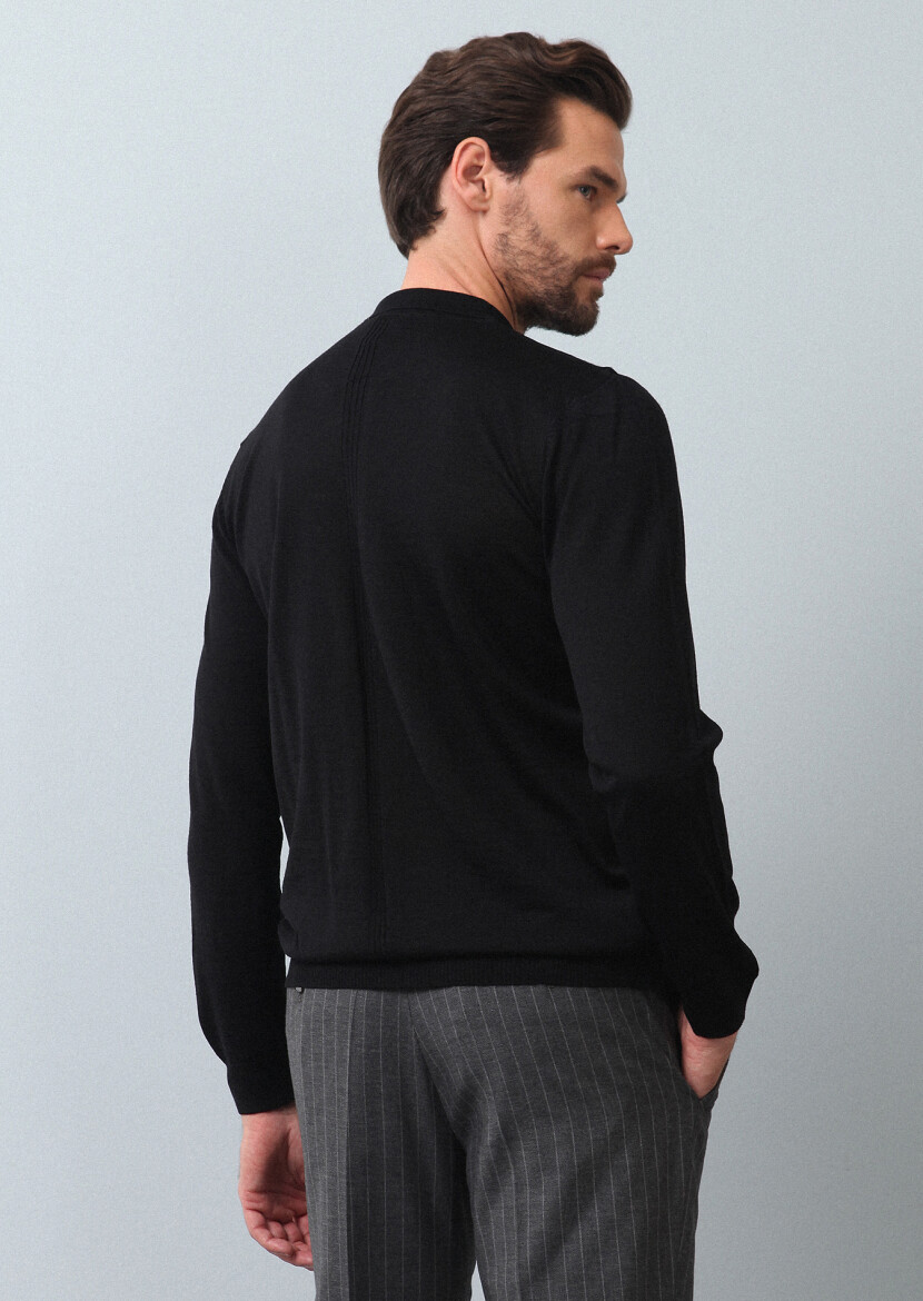 Siyah Polo Yaka Düz Örgü Yün Karışımlı Triko Kazak - 5