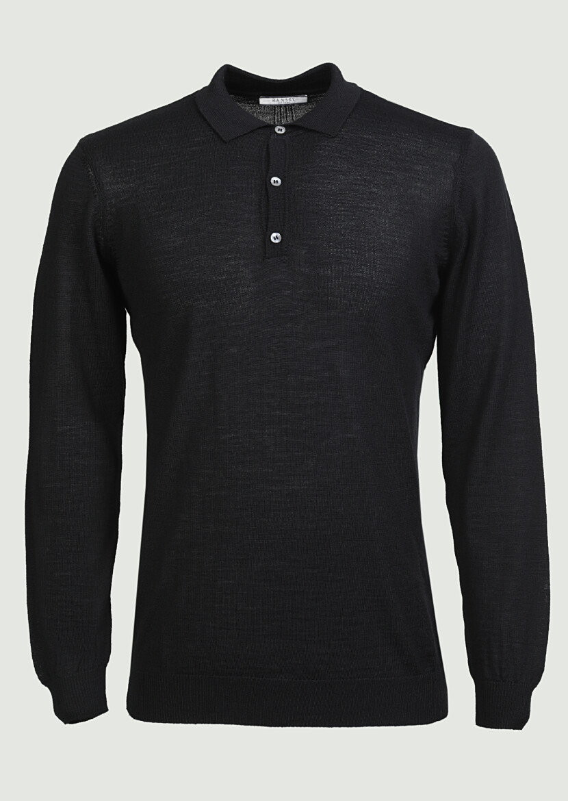 Siyah Polo Yaka Düz Örgü Yün Karışımlı Triko Kazak - 6