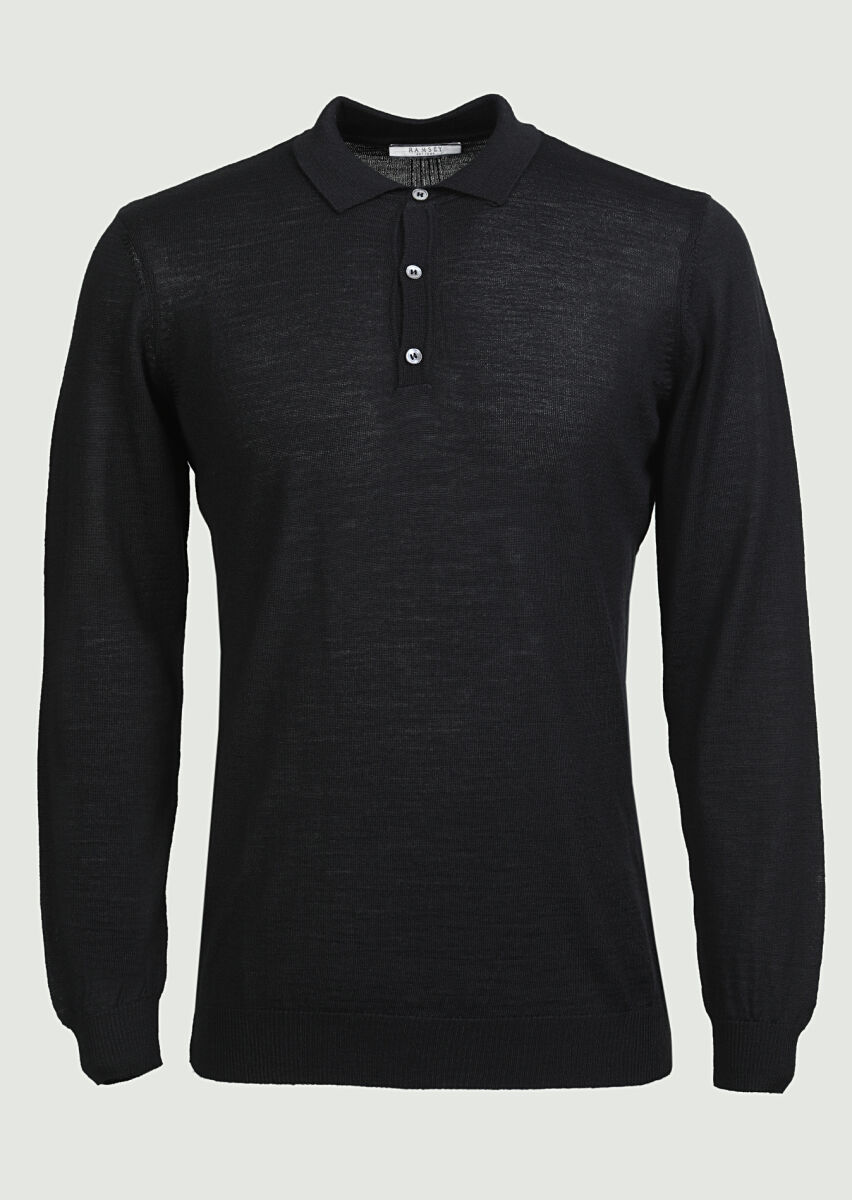 Siyah Polo Yaka Düz Örgü Yün Karışımlı Triko Kazak - 6