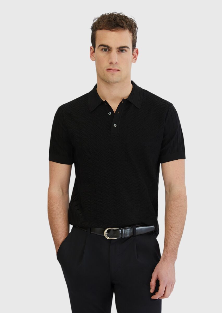 Siyah Polo Yaka Jakarlı Triko - 1
