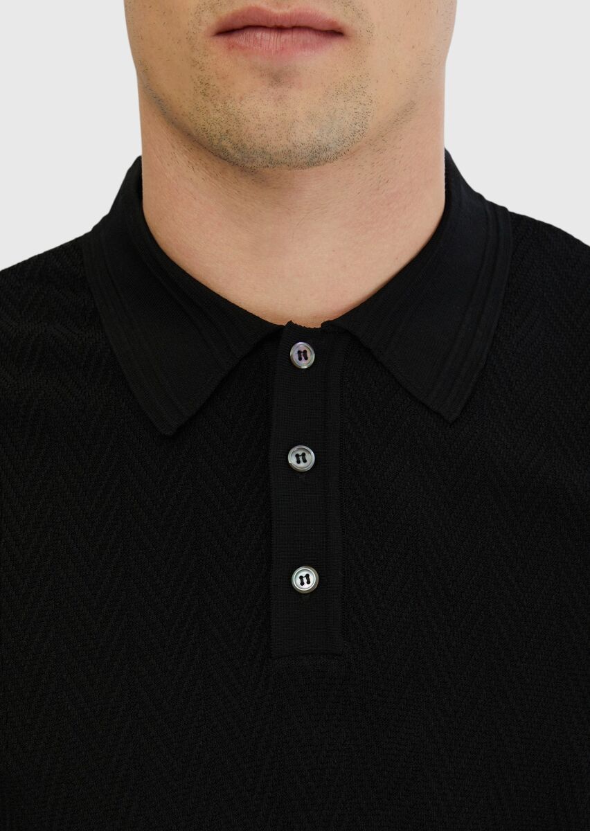 Siyah Polo Yaka Jakarlı Triko - 5