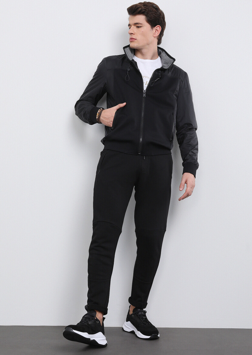 Siyah Regular Fit Dik Yaka Casual Dokuma Mont - 1