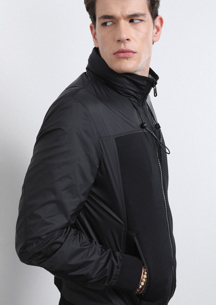 Siyah Regular Fit Dik Yaka Casual Dokuma Mont - 4