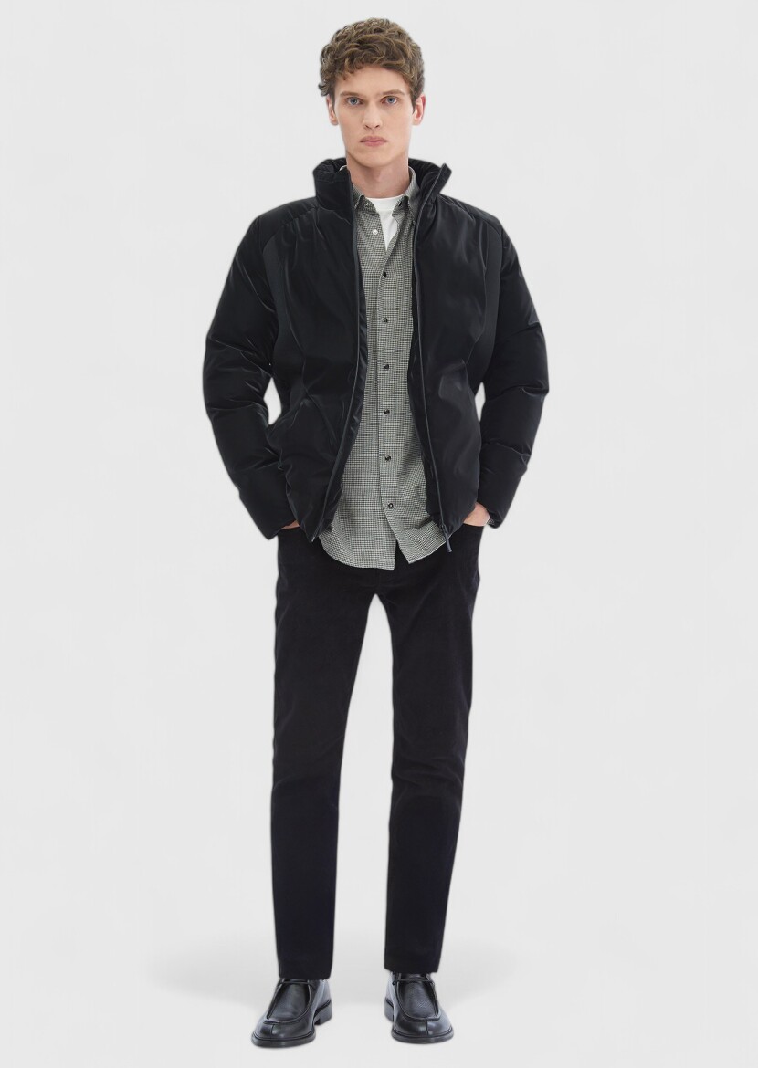 Siyah Regular Fit Dik Yaka Casual Dokuma Mont - 2