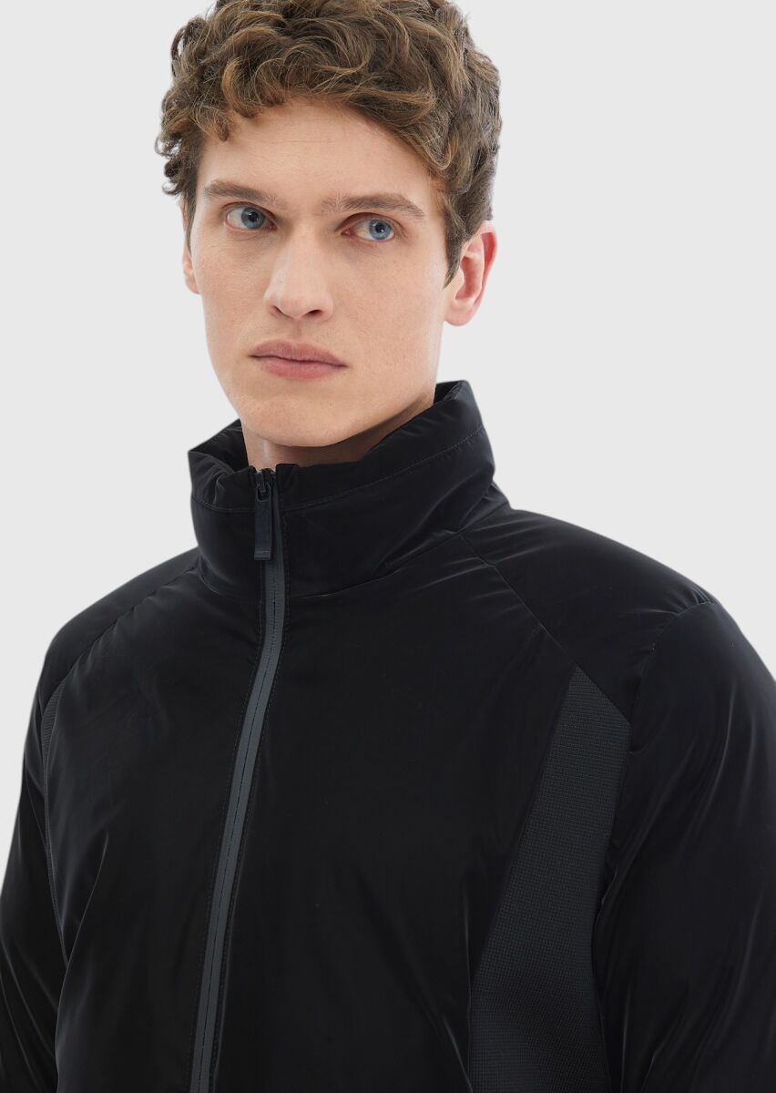 Siyah Regular Fit Dik Yaka Casual Dokuma Mont - 5