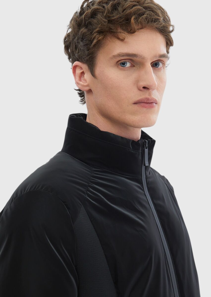 Siyah Regular Fit Dik Yaka Casual Dokuma Mont - 6