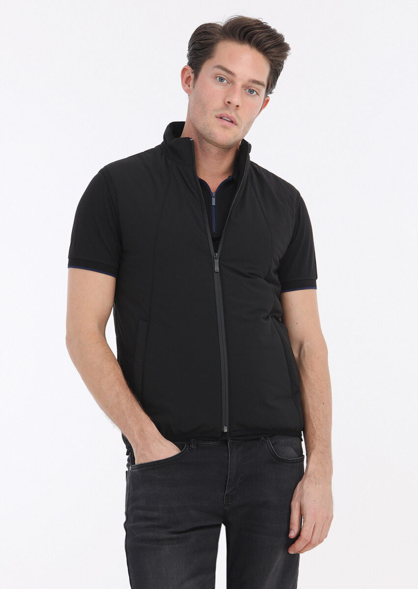 Siyah Regular Fit Dik Yaka Casual Dokuma Spor Yelek - 2