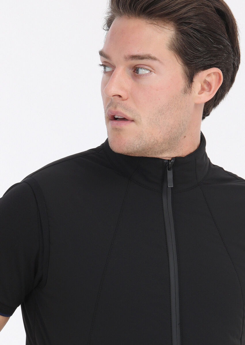 Siyah Regular Fit Dik Yaka Casual Dokuma Spor Yelek - 5