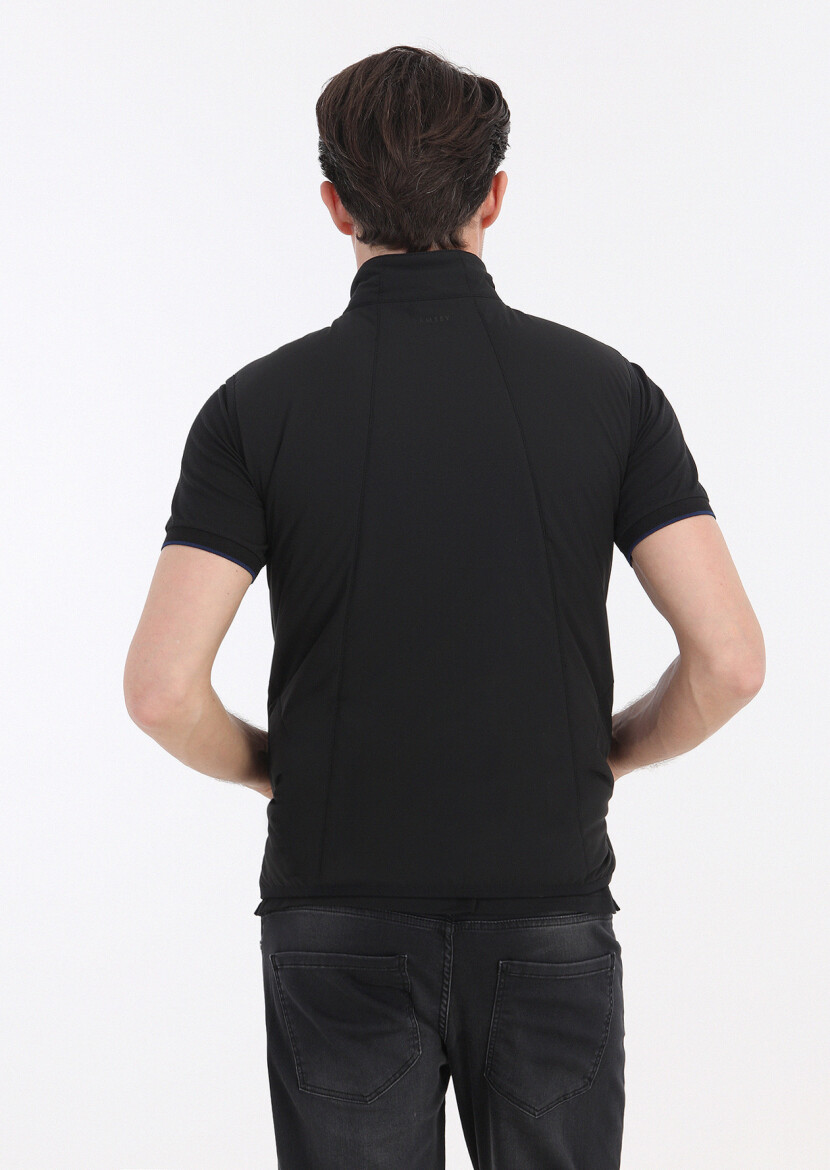 Siyah Regular Fit Dik Yaka Casual Dokuma Spor Yelek - 6