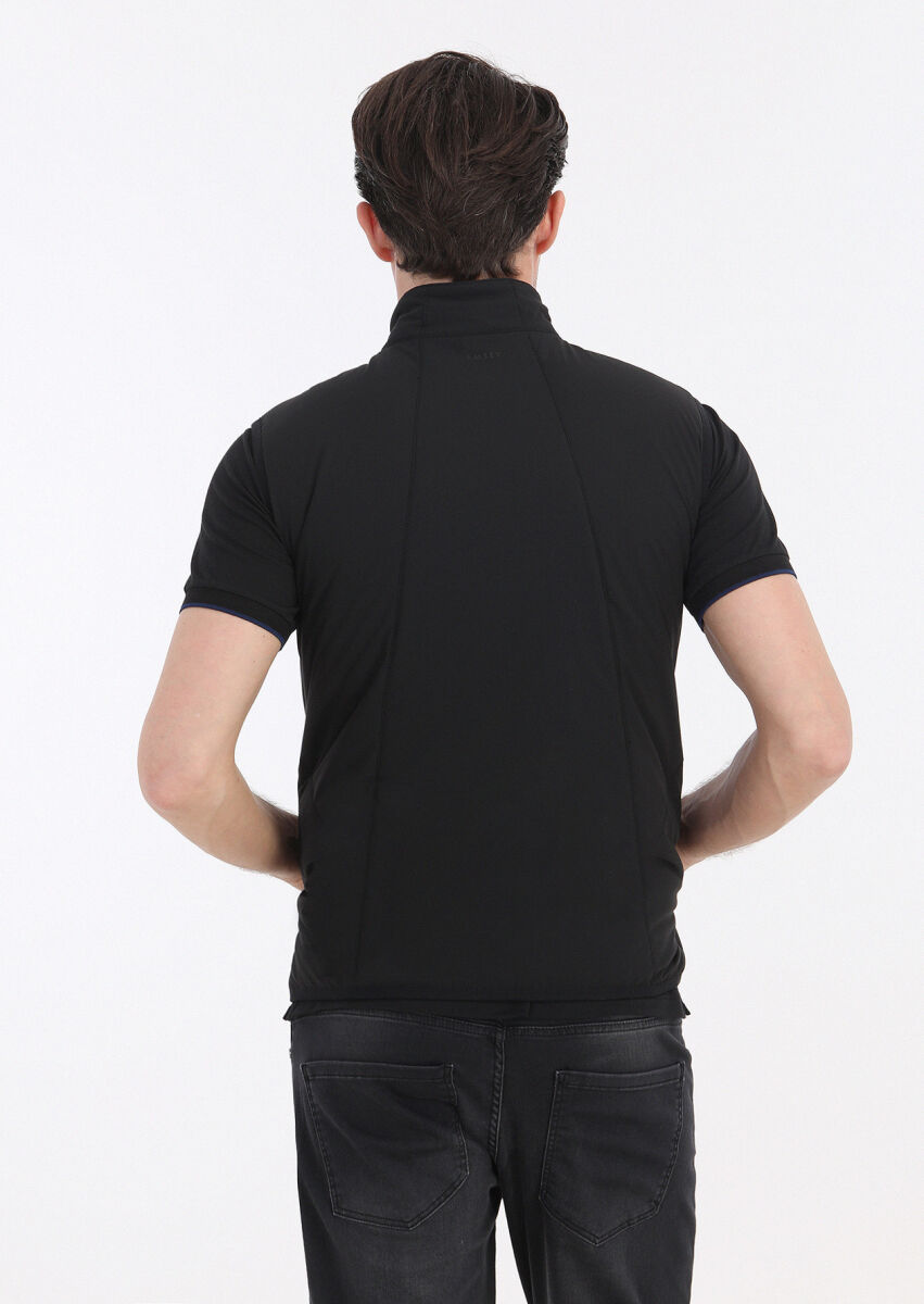 Siyah Regular Fit Dik Yaka Casual Dokuma Spor Yelek - 6