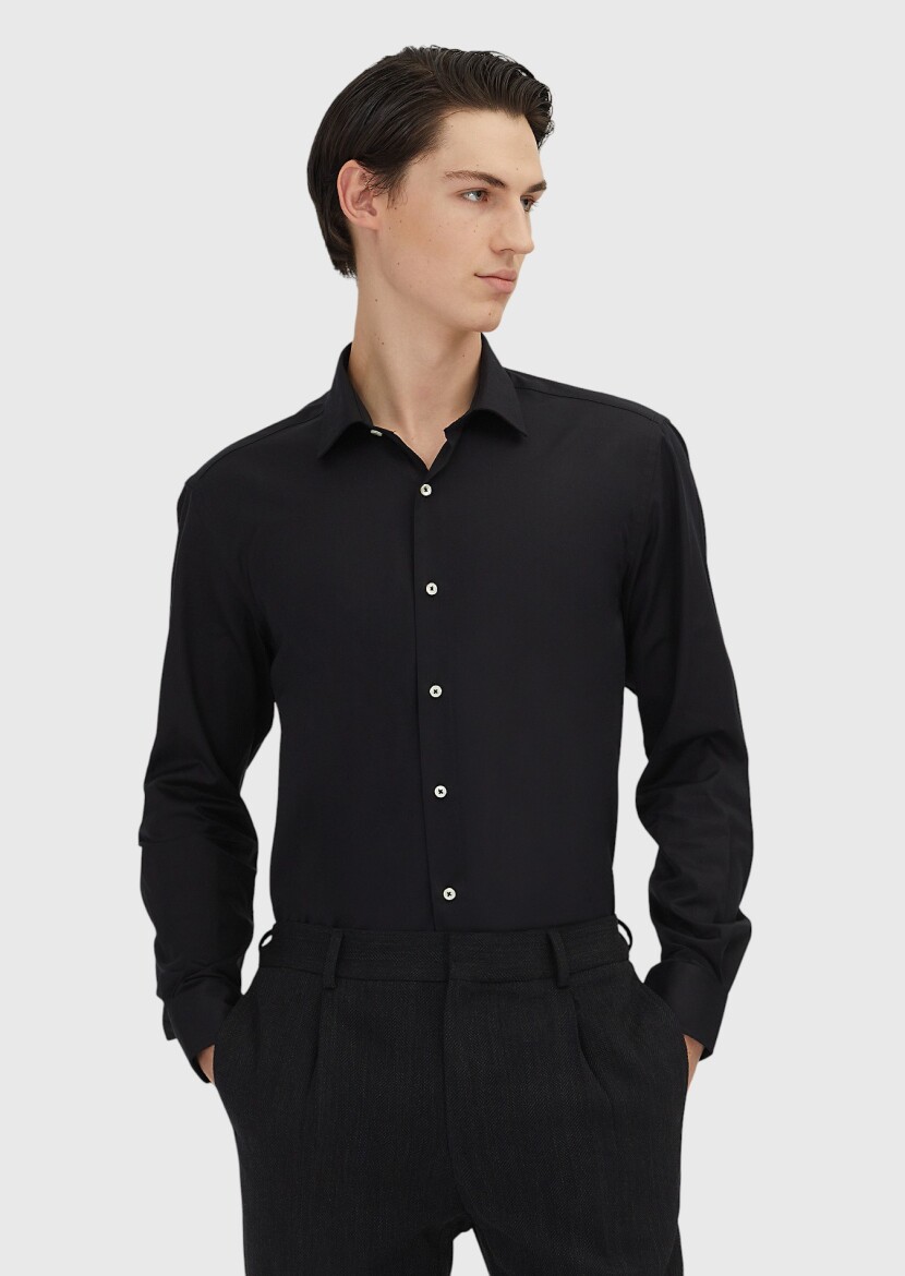 Siyah Regular Fit Dokuma Klasik %100 Pamuk Gömlek - RAMSEY