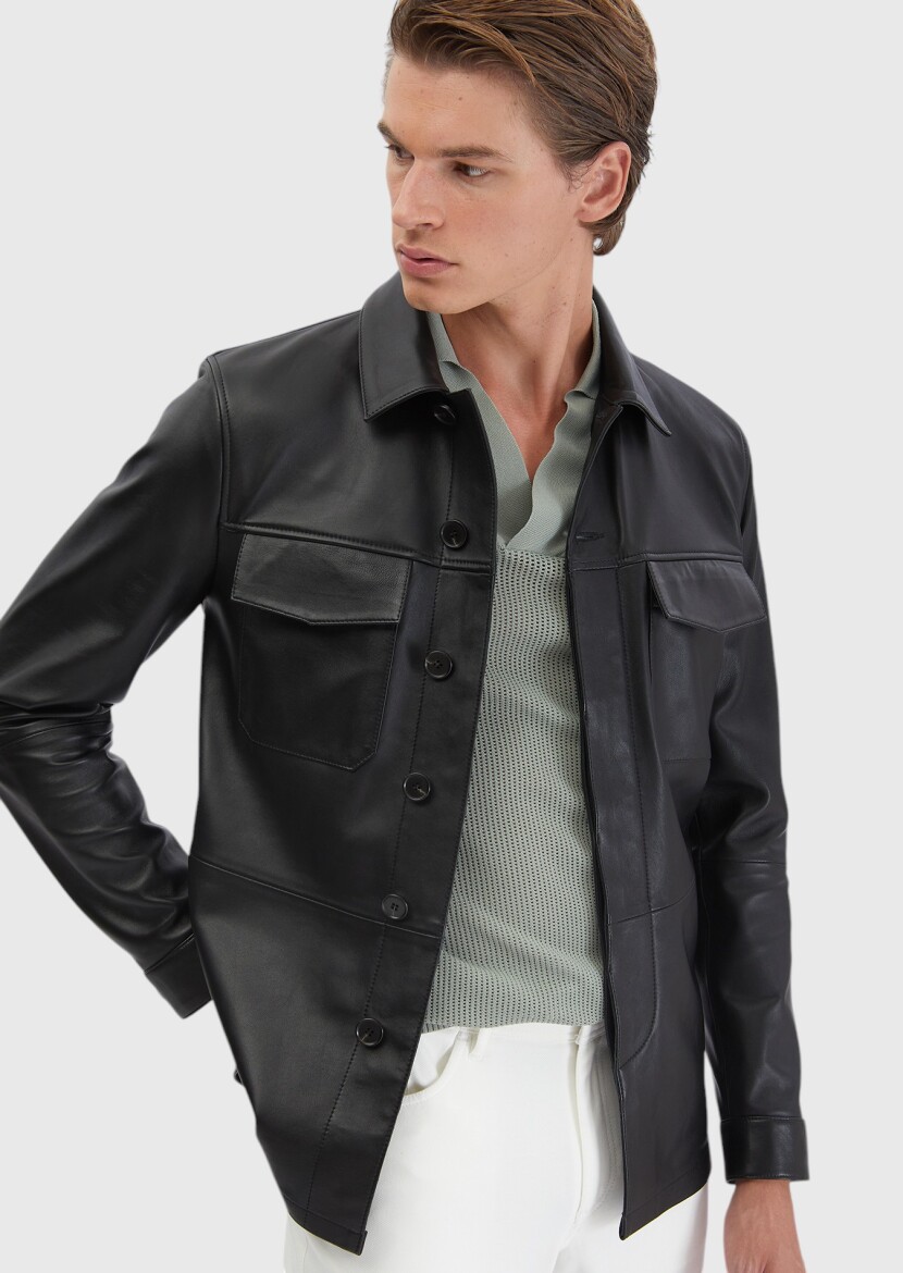 Siyah Regular Fit Gömlek Yaka Casual Koyun Derisi Deri Mont - RAMSEY
