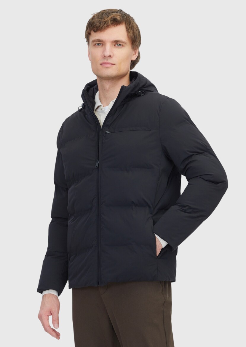 Siyah Regular Fit Kapüşonlu Casual Dokuma Mont - RAMSEY