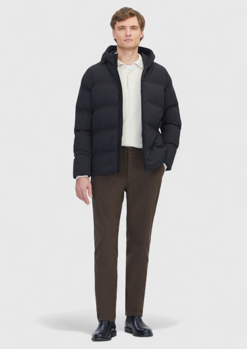 Siyah Regular Fit Kapüşonlu Casual Dokuma Mont - RAMSEY