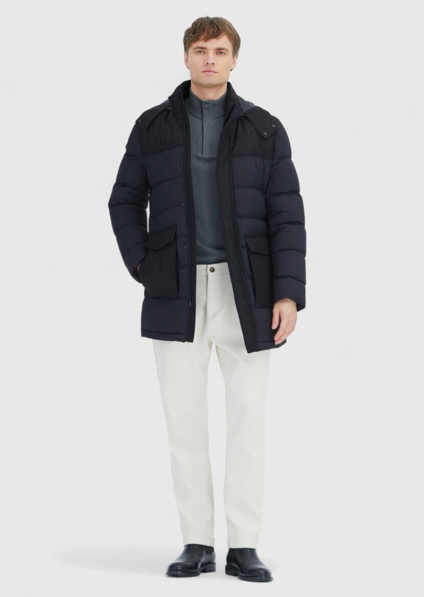 Siyah Regular Fit Kapüşonlu Klasik Dokuma Kaban - RAMSEY