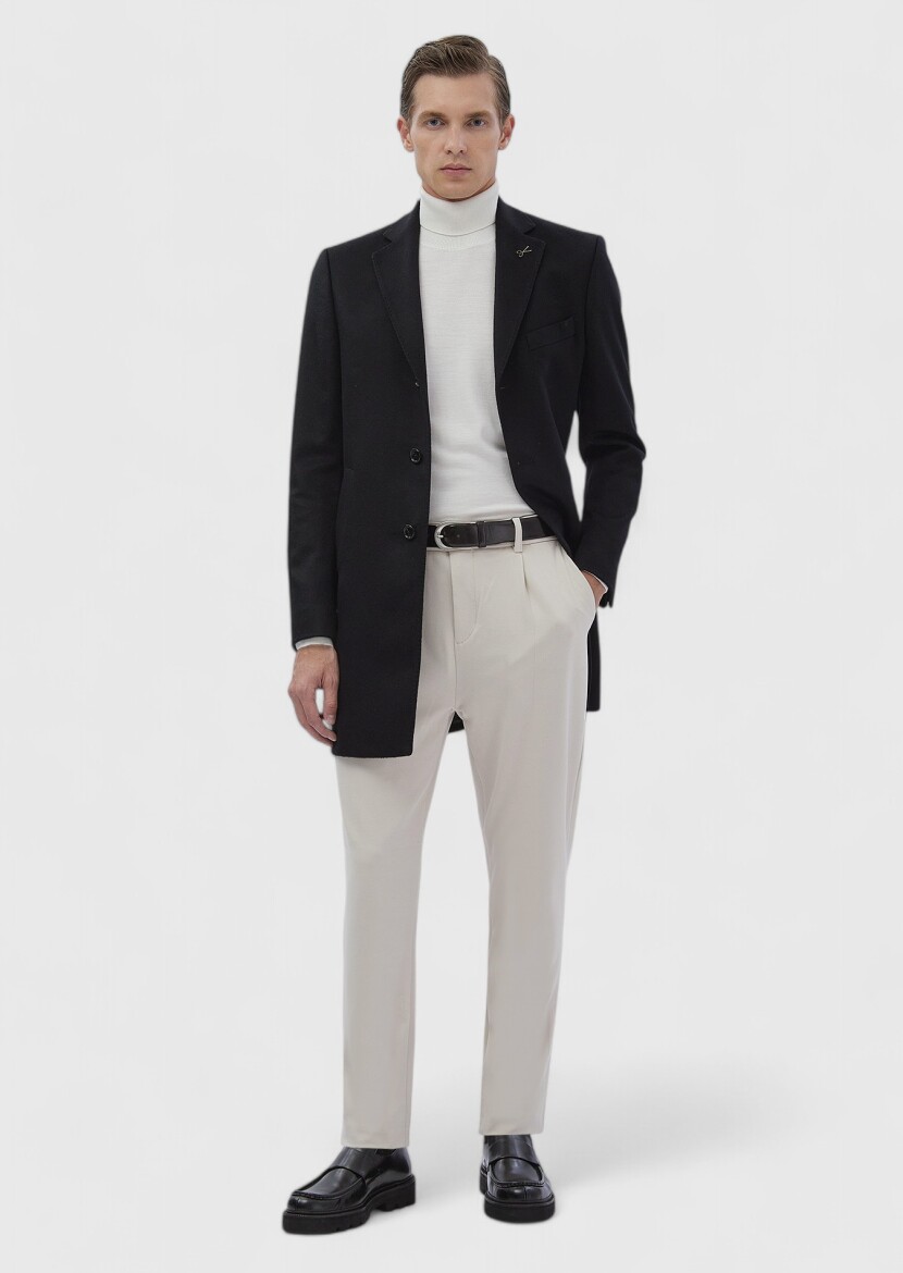 Siyah Regular Fit Kelebek Yaka Klasik Dokuma Palto - 3