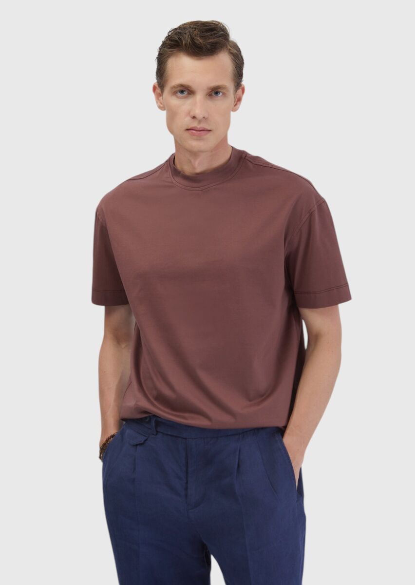 Tile Red Plain Crew Neck 100% Cotton T-Shirt - 1