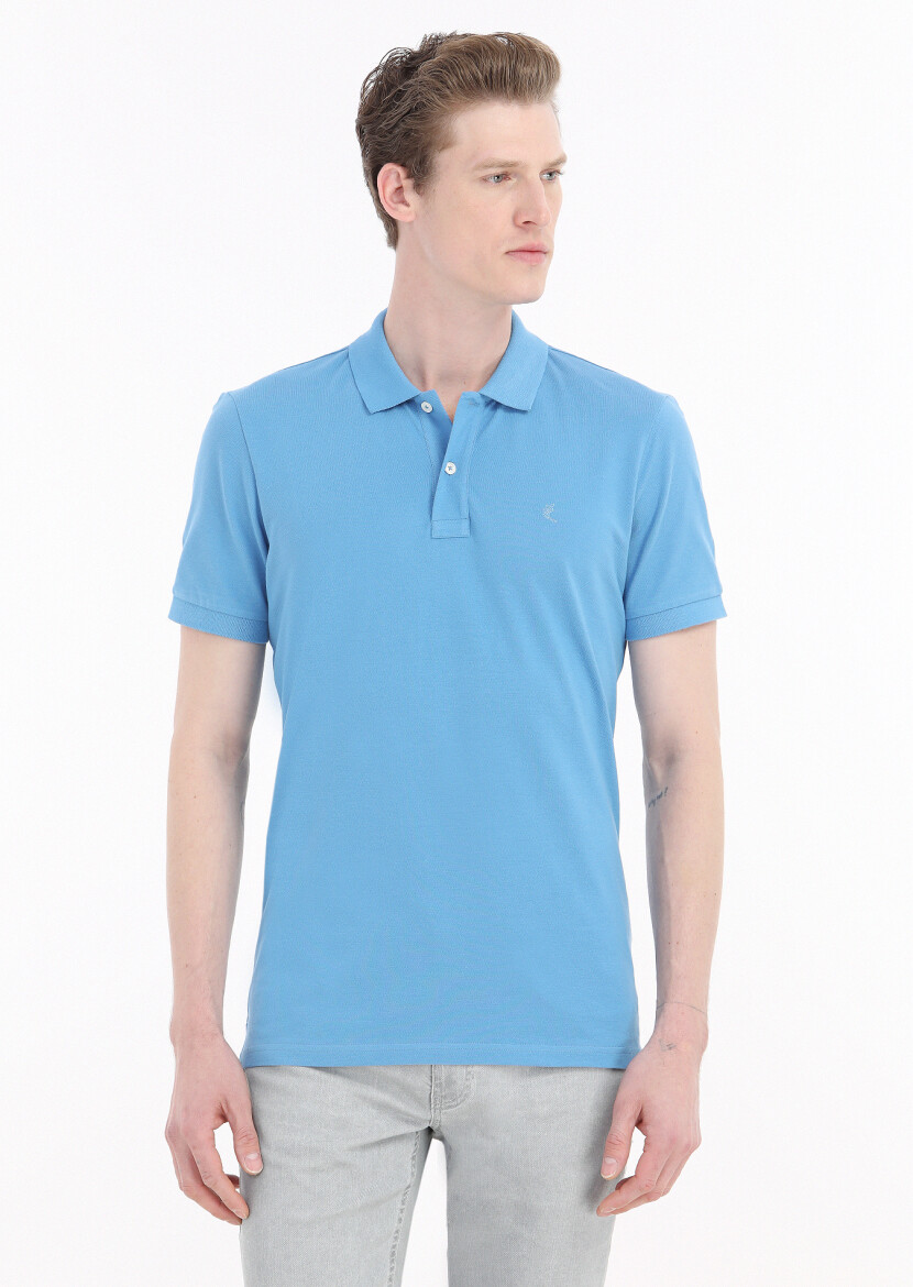 Turkuaz Baskılı Polo Yaka %100 Pamuk T-Shirt 