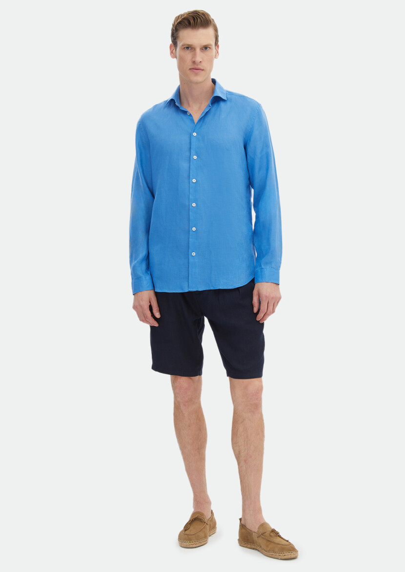 Turkuaz Düz Regular Fit Dokuma Casual %100 Keten Gömlek 