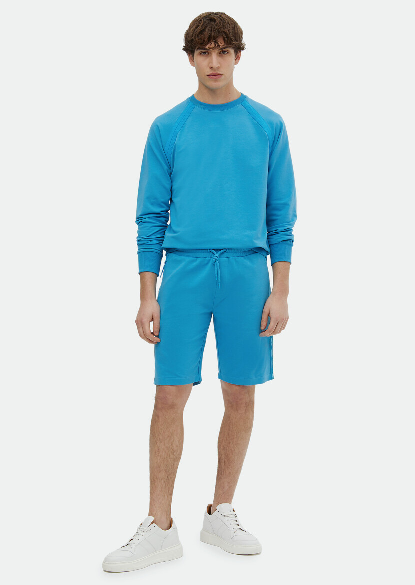 Turquoise Knitting Jogging Fit Sport Cotton Blended Bermuda - RAMSEY