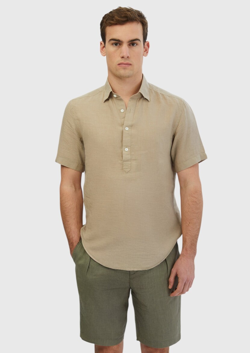 Vizon Düz Casual Fit Dokuma Casual %100 Keten Gömlek - 1