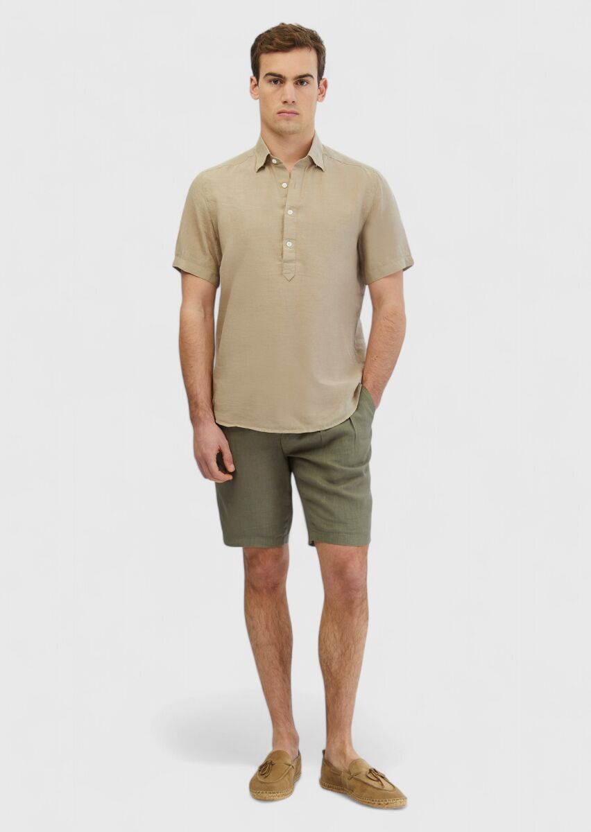 Vizon Düz Casual Fit Dokuma Casual %100 Keten Gömlek - 2